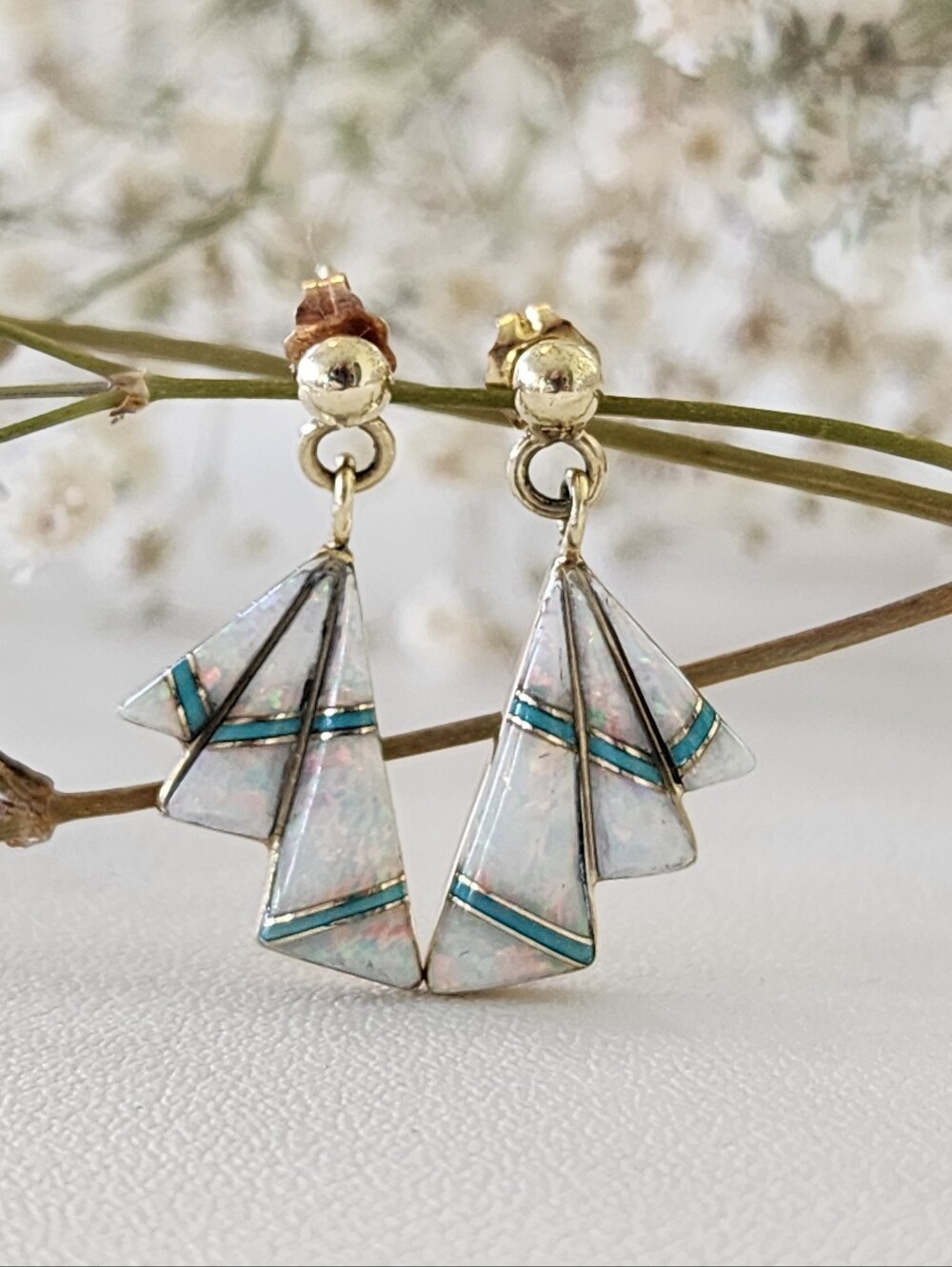 Vintage Navajo 14kt Gold Opal & Turquoise Inlaid Drop Earrings